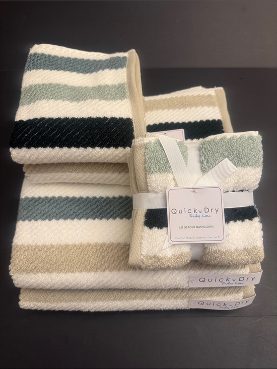 Truly Lou Other - 8pc TRULY LOU Quick Dry 100% Cotton Stripe Bath Towel Set -Shades of Green/Taupe